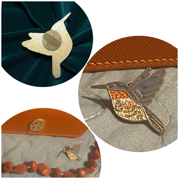 Tory Burch Eyeglass Case Caramel Burnt Orange, Butterscotch Bakelite, & Bird Pin - Picture 9 of 12